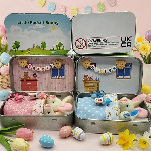 💎 50% OFF! 💎 Bunny Mummy & Baby Plush Pocket Tin – Handmade Easter Collectible with Cozy Blanket (Pink/Blue Ears) 🐇🎁