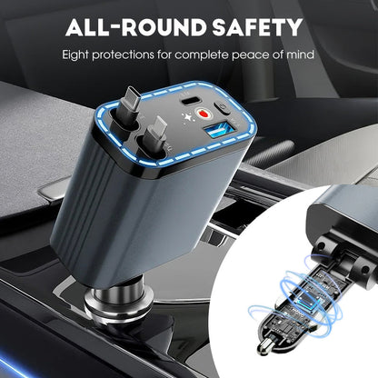 ✨ Ultra-fast 4-in-1 Car Charger 90W – With Retractable Cables & Ambient Starlight 🚗🌌